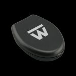 A slightly angled view of the Truweigh Sonic Digital Mini Scale, showcasing its sleek, compact design against a dark background.