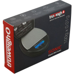 A close-up shows the Truweigh Sonic Digital Mini Scale with a black finish, highlighting its compact size and digital display.