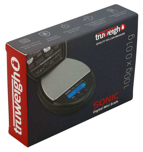 A close-up shows the Truweigh Sonic Digital Mini Scale with a black finish, highlighting its compact size and digital display.