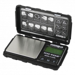 Front view of the Truweigh Tuff-Weigh Mini Scale, displaying its closed, black plastic casing and labeled buttons.