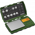 A top-down view of the Truweigh Tuff-Weigh Mini Scale featuring a green casing and digital display, shown against a plain white background.