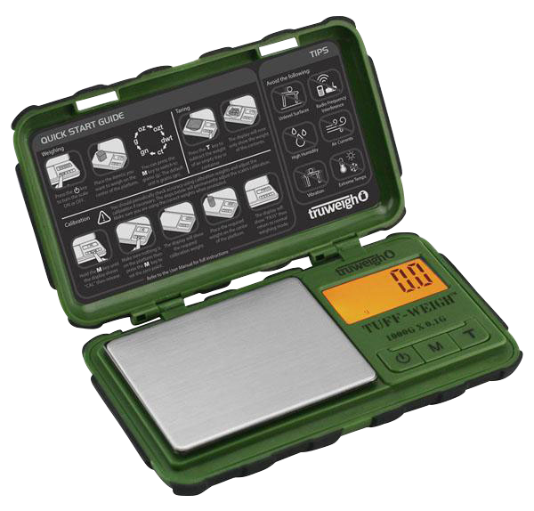 A top-down view of the Truweigh Tuff-Weigh Mini Scale featuring a green casing and digital display, shown against a plain white background.