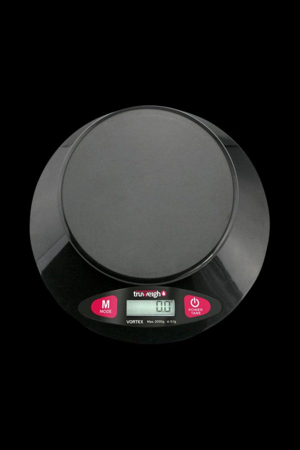 A close-up, angled view of the Truweigh Vortex Digital Bowl Scale, displaying a digital readout on its black surface.