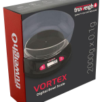 A close-up, angled shot of the Truweigh Vortex Digital Bowl Scale, showcasing its sleek, black design and digital display.