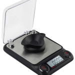 A close-up shows the Truweigh Xeno Digital Milligram Scale with a digital display, set against a dark background.