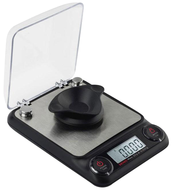 A close-up shows the Truweigh Xeno Digital Milligram Scale with a digital display, set against a dark background.