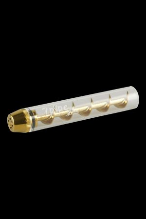 A slightly angled view of the 7Pipe Twisty Glass Blunt, showcasing its clear, spiraled glass design.