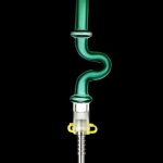 A straight-on view of the U-Bend Neck Vapor Dab Straw with Titanium Tip, showing its curved neck and metallic tip against a black background.