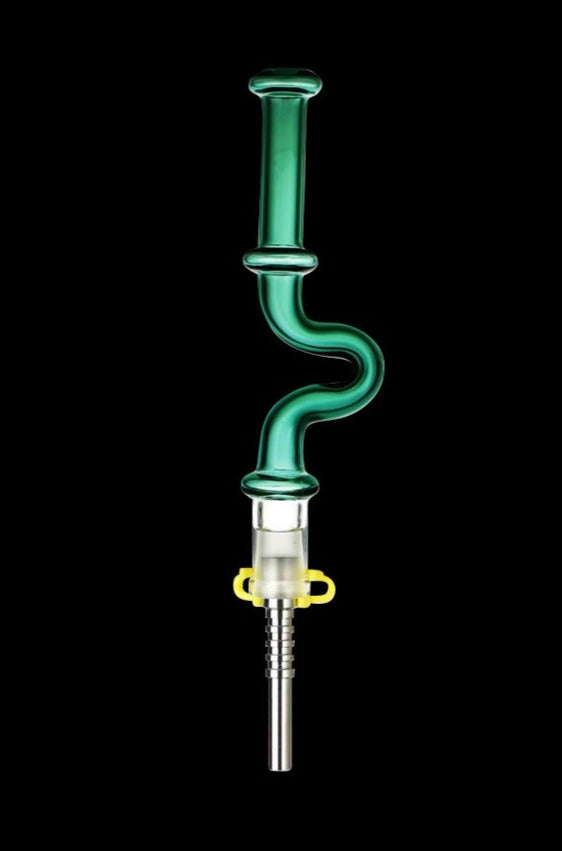 A straight-on view of the U-Bend Neck Vapor Dab Straw with Titanium Tip, showing its curved neck and metallic tip against a black background.