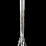 Clear glass bong with ice catch and multiple percolators, against a black background.
