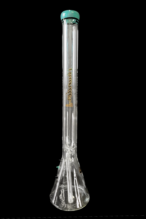Clear glass bong with ice catch and multiple percolators, against a black background.