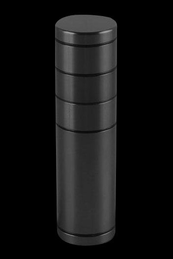 Black metal grinder with multiple chambers.