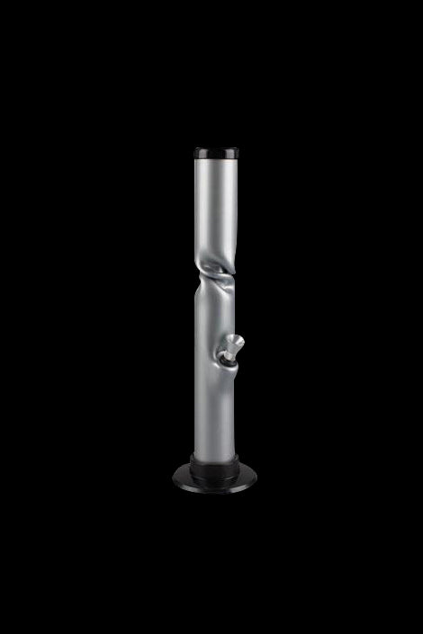 Silver glass bong with black accents isolated on a black background.