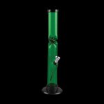 Green glass bong with a flared base and silver downstem, isolated on a black background.