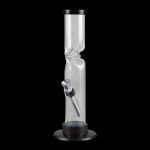 Clear glass bong with black accents and a removable downstem, isolated on a black background.