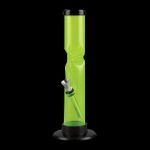 Green acrylic water pipe with a removable glass downstem, isolated on a black background.