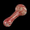 Red and white swirled glass pipe against a black background.