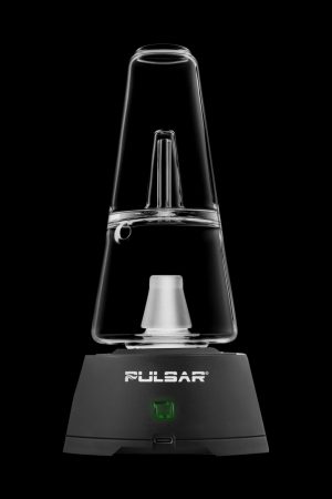 Black and clear electronic dab rig with a glass water pipe attachment, branded “Pulsar.”