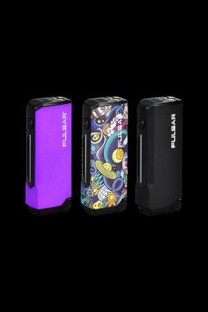 Three Pulsar vaporizers in purple, psychedelic, and black designs displayed on a black background.