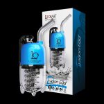 A product shot of a “Lookah” Dragon Egg cannabis water pipe and its packaging, featuring a blue glass bubbler with a metallic base and cap.