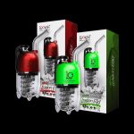 Three Lookah Dragon Egg cannabis concentrate vaporizers in red and green, displayed against a black background.