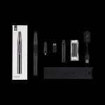 Puffco Plus vaporizing pen kit laid out with device, battery, atomizer, quartz crystal, USB charger, and packaging.