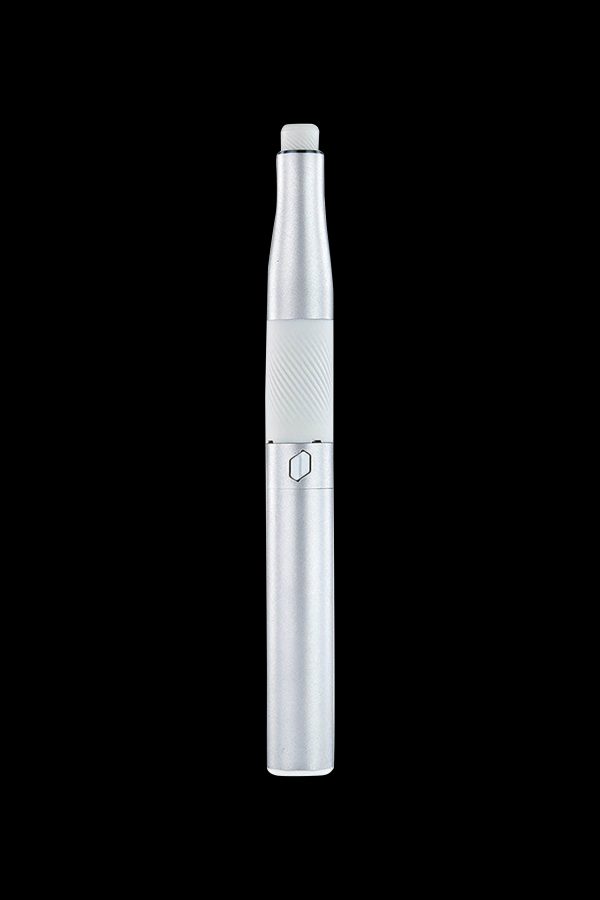 Silver cannabis vape pen on a black background.