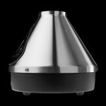 Silver cannabis vaporizer on a black surface.