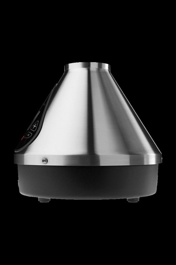 Silver cannabis vaporizer on a black surface.