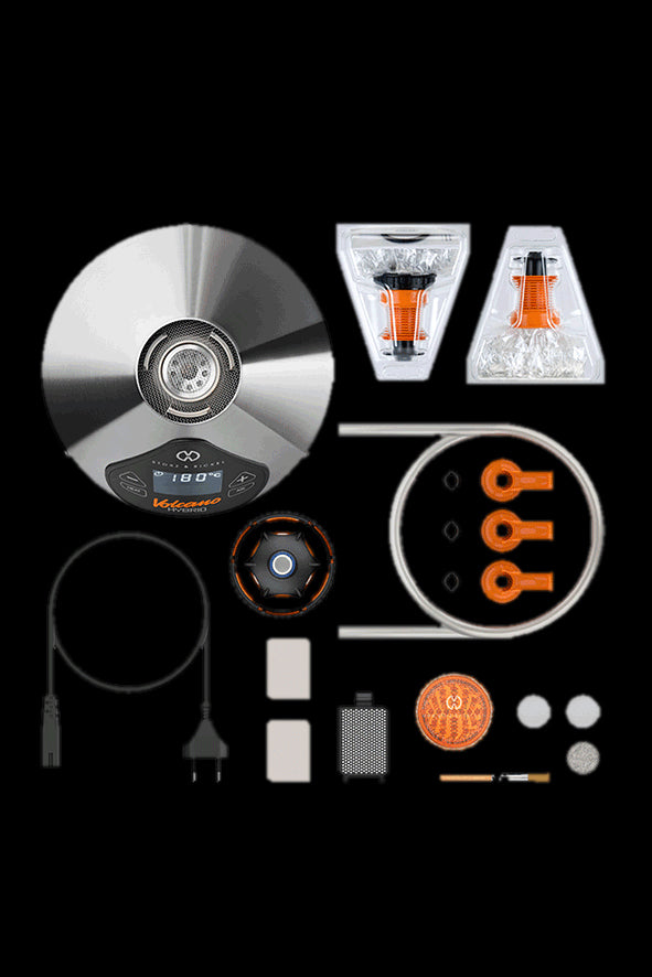 Exploded view of a Volcano Classic cannabis vaporizer with all its components laid out on a black background.