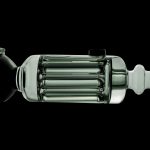 Clear glass bubbler with ribbed cylindrical body and mouthpiece.