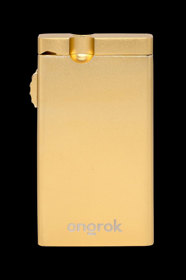 Gold cannabis oil vape pen with “ongrok” logo.