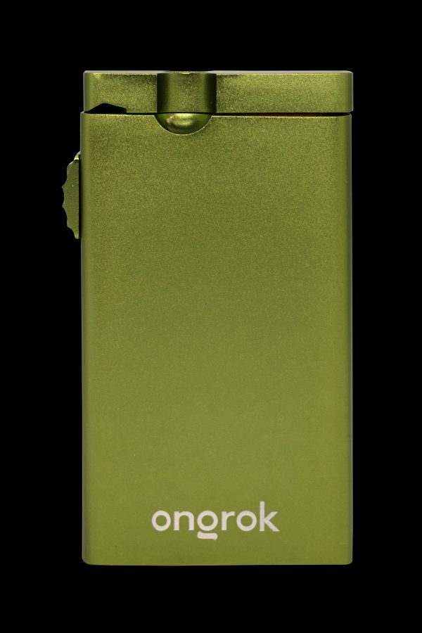 Olive green one-hitter pipe with “onorok” branding.