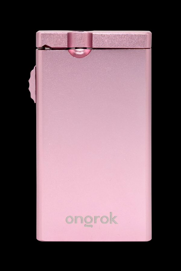 Pink cannabis storage case with “onrok” logo.