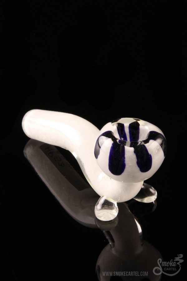 A studio shot displays the White Fritted Sherlock with Black 'Daisy' Fritted Bowl, with a patterned glass bowl and a curved pipe shape.