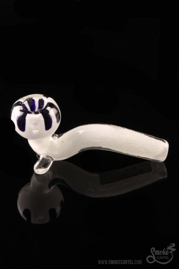 Front view of the White Fritted Sherlock with Black 'Daisy' Fritted Bowl, resting on a reflective surface with a detailed, patterned bowl.