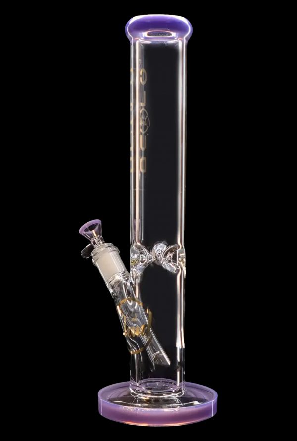 Clear glass water pipe (bong) with a purple base and mouthpiece, featuring percolators for filtration.