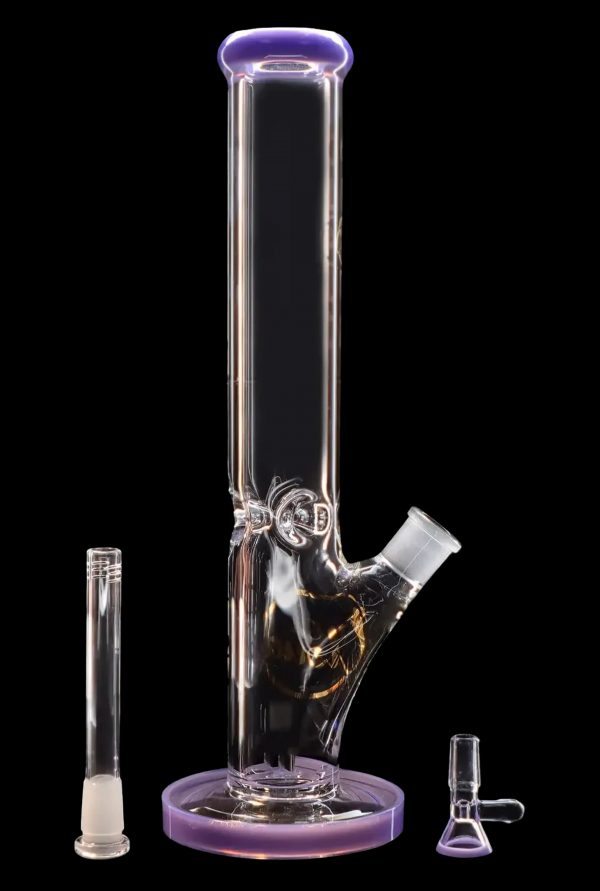 Clear glass bong with purple accents, alongside a downstem and ash catcher.