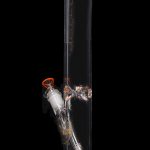 Orange glass water pipe (bong) with intricate glasswork.