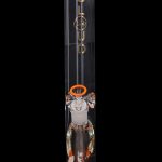 Orange glass bong with intricate internal percolator.