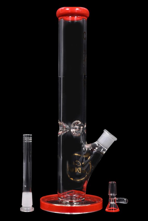 Red glass bong with diffuser downstem and separate glass pieces.