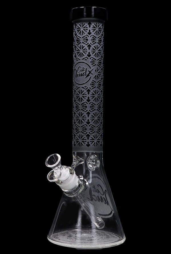 A glass bong with a flared base, patterned black neck, and clear glass throughout.