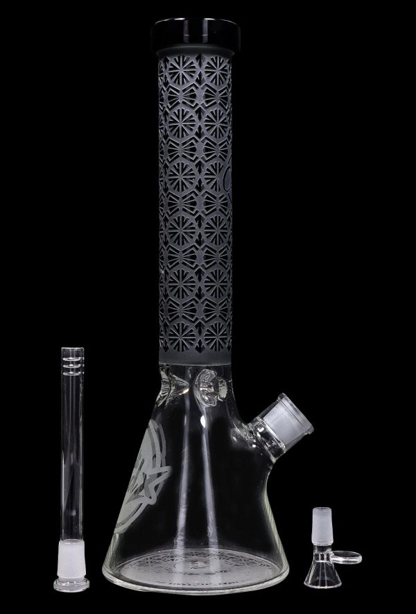 A front view of the 15-inch Cloud Cali X Engraved Thick Base Beaker Water Pipe, showcasing its etched design against a black backdrop.