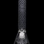 Front view of the Cloud Cali X 15-inch Engraved Thick Base Beaker Water Pipe, showcasing its detailed engraving and clear glass construction.