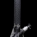 A front view of the 15-inch Cloud Cali Engraved Thick Base Beaker Water Pipe, displaying intricate engravings on clear glass.