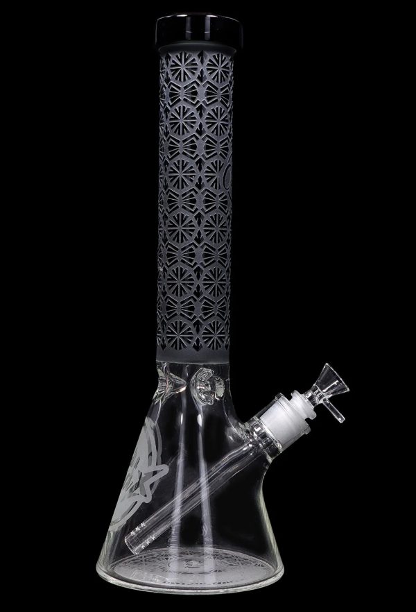 A front view of the 15-inch Cloud Cali Engraved Thick Base Beaker Water Pipe, displaying intricate engravings on clear glass.