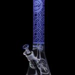 Front view of the Cloud Cali X 15-inch Engraved Thick Base Beaker Water Pipe, featuring detailed engravings on its clear glass base.