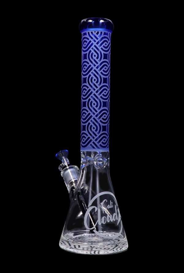 Front view of the Cloud Cali X 15-inch Engraved Thick Base Beaker Water Pipe, showing its blue and clear glass design.