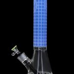 Blue glass bong with white lattice base and green mouthpiece.
