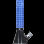 Blue glass bong with patterned neck and perforated base.